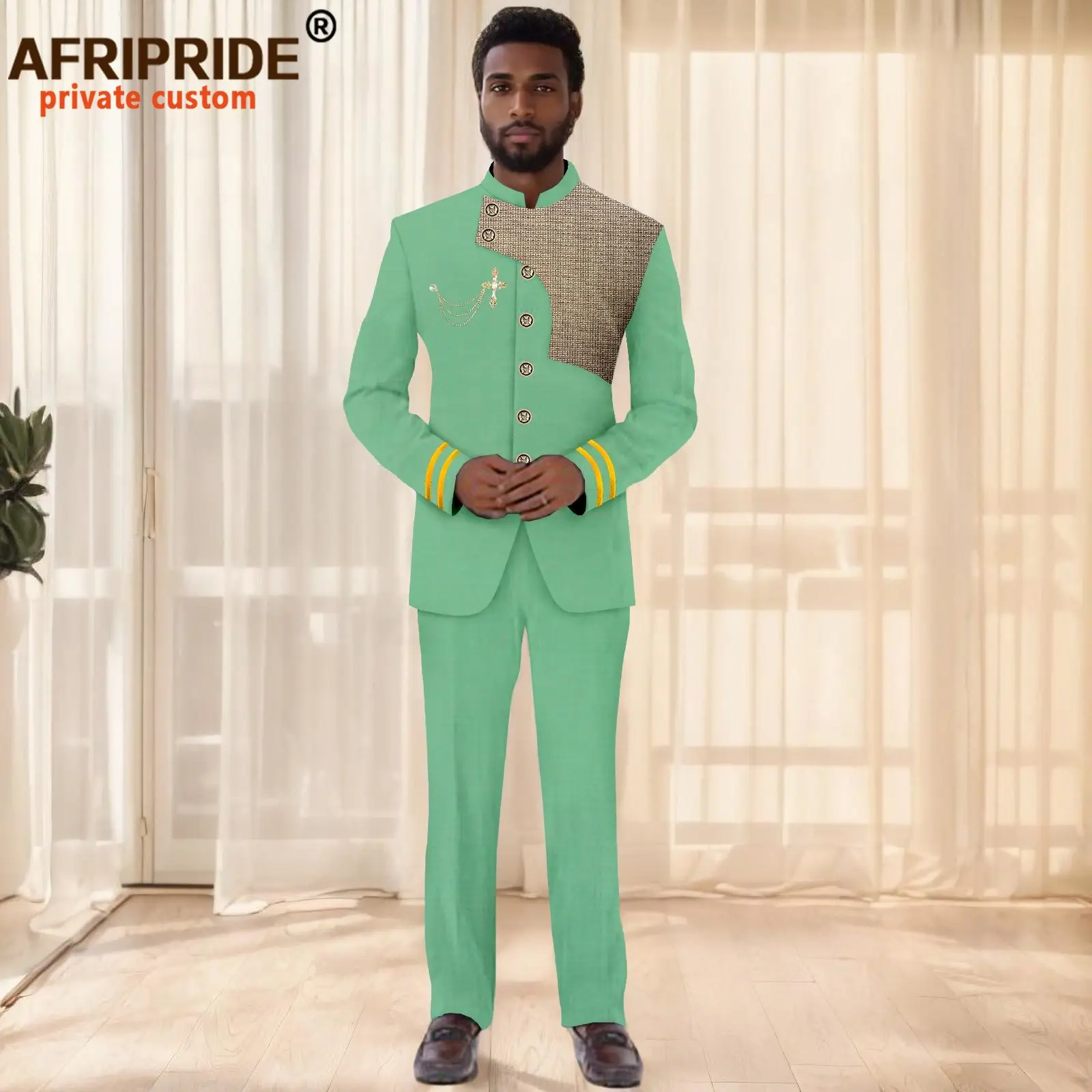 African Suits for Men Slim Fit Embroidery Full Sleeve Single Breasted Blazer and Pant Set Formal Outfits Dashiki Attire 2516005