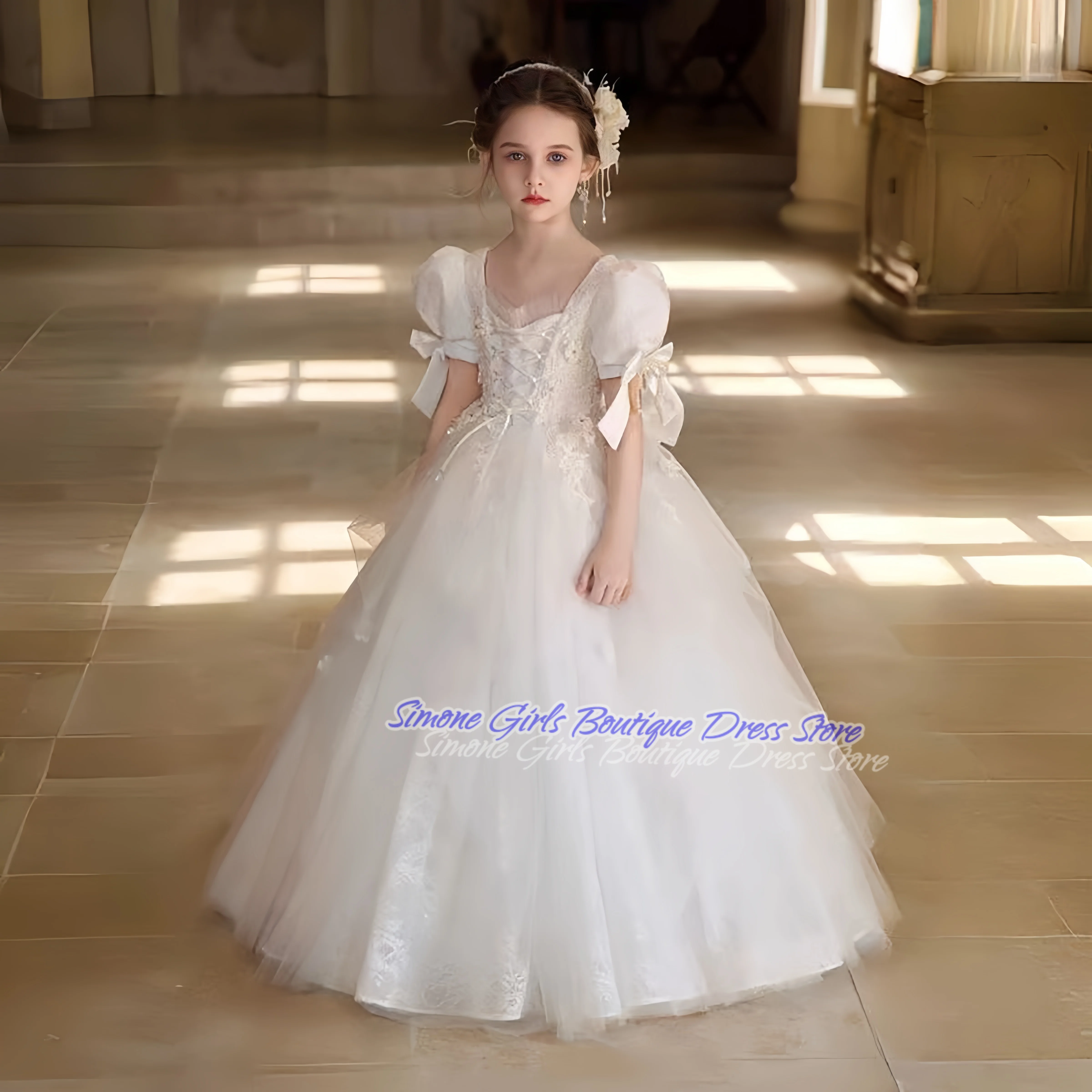 

White Floor-Length Long-Sleeved Elegant Princess Dress Flower Girl Dresses For Formal Receptions Parties Holiday Celebrations