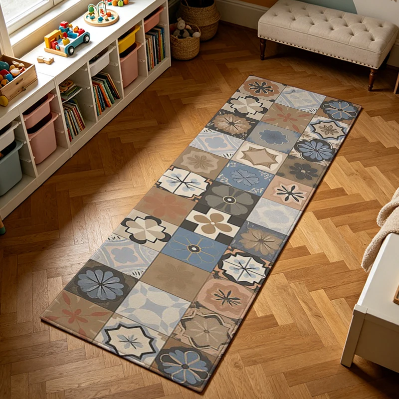 Retro Tile Pattern Runner Rug Vintage Patchwork Floral Geometric Long Hallway Carpet Multi Color Kitchen Runner Rug for Indoor Corridor Entryway