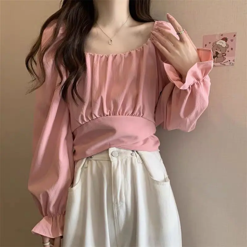 French Style Square Neck Shirt Women Spring Niche Design Featuring Backless Bow and Flared Sleeves Unique Top