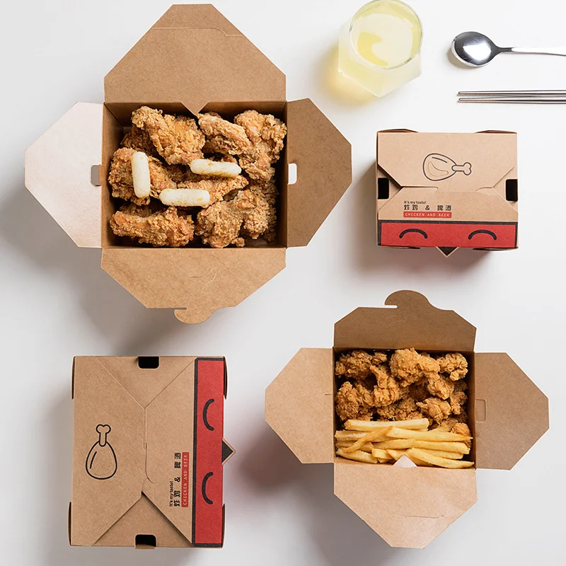 Disposable kraft paper fried chicken packing lunch box chicken face printed Korean food box