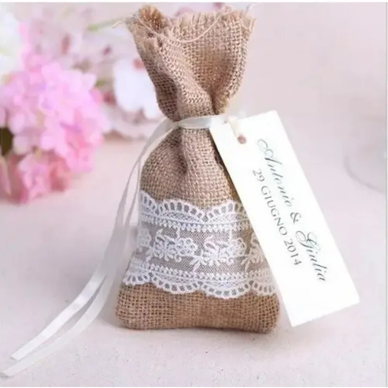 

50pcs/lot Size 9x16CM Rustic Small Candy Jute Sacks Handmade Burlap Lace Bags Wedding Gifts Favor Pouch Bags