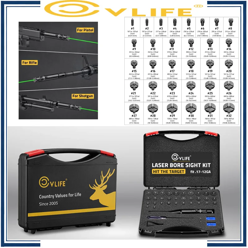 

CVLIFE Professional Laser Bore Sight Kit with 32 Adapters fit 0.17 to 12GA Calibers Green Bore Sighter Laser with Button Switch