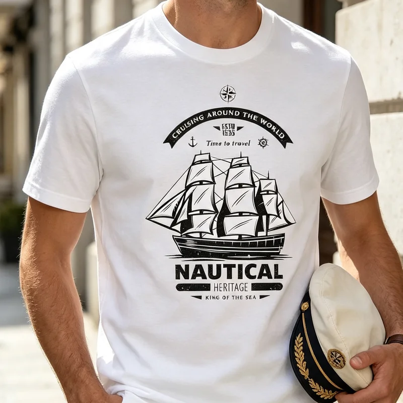 Nautical Sailing Vintage T-Shirt Sailor Ship Sea Adventure Graphic Tee Casual Streetwear for Men Women White Black Y2k Top