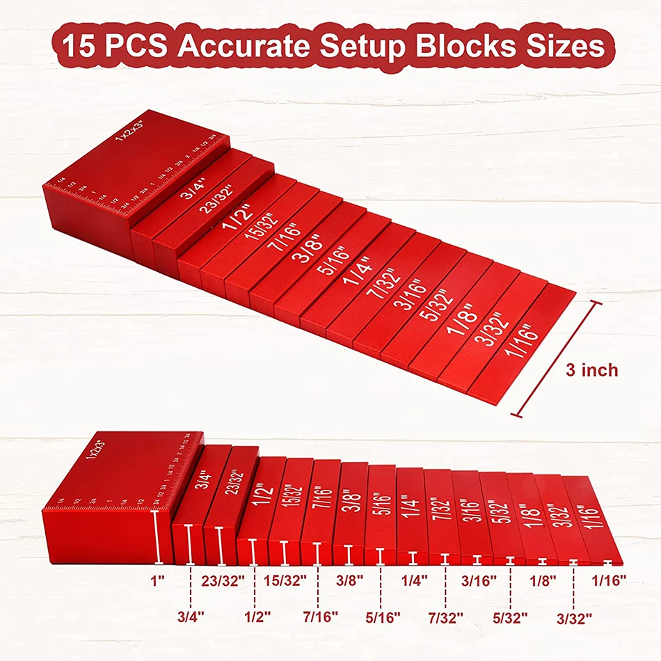 

15PCS Precision Setup Blocks Set Aluminum Setup Bars Woodworking Measuring Tool for Measure Drill Bit Blade Router Dimensions