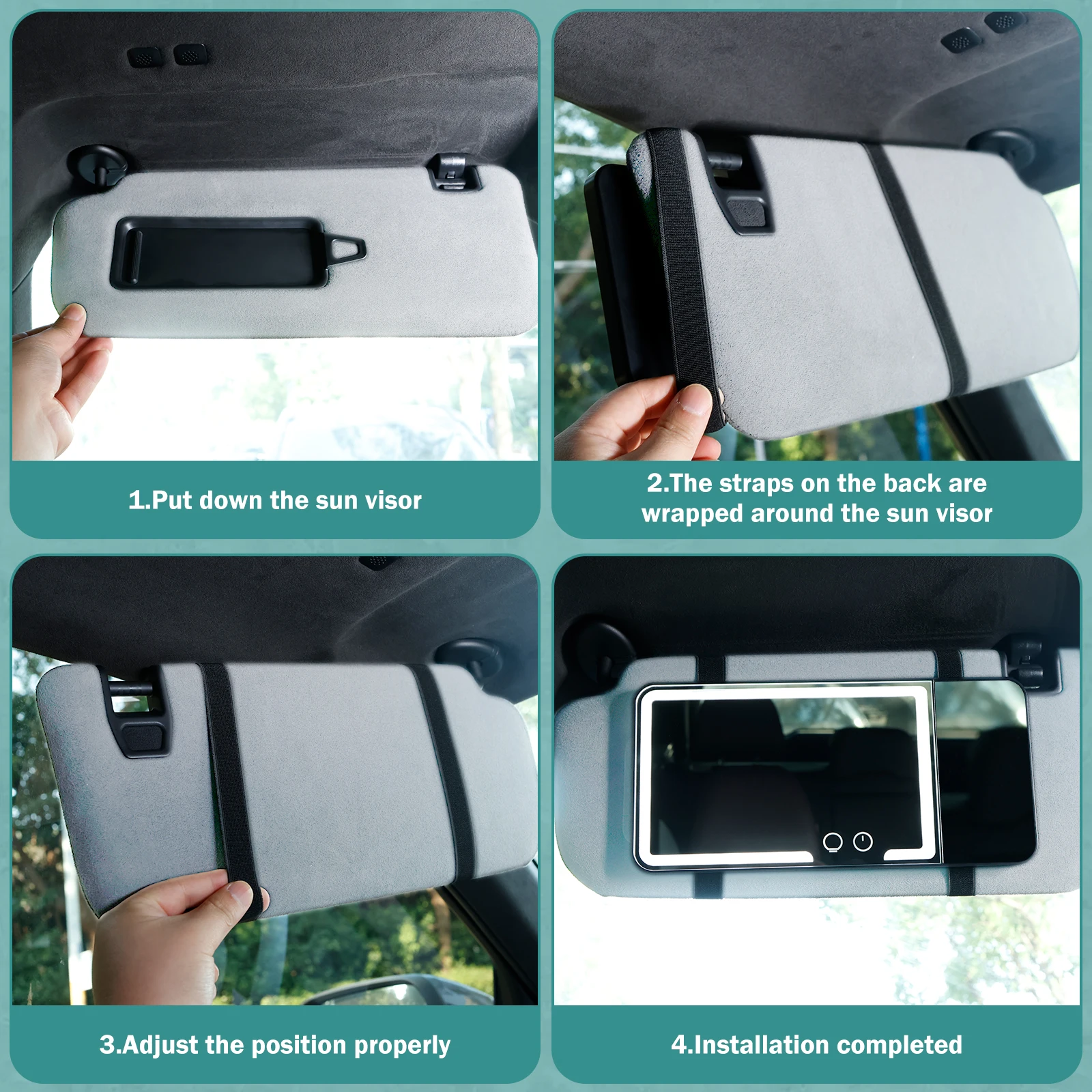 Lusterko kosmetyczne do samochodu z oświetleniem LED i powiększeniem 3X, montowane na osłonie przeciwsłonecznej, ładowane, 3 kolory.