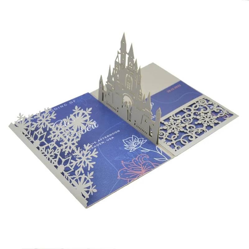 

Luxury silver pop up 3D pocket cards laser cut snowflake wedding invitations