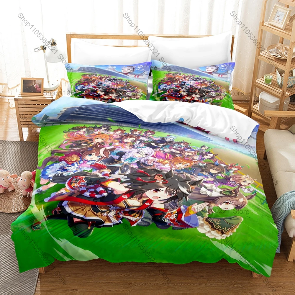 Cool Personality Pretty Derby Horse Girls Bedding Set New Anime Print Bed Set Duvet Cover Sheet Pillowcase Home Textile For Girl
