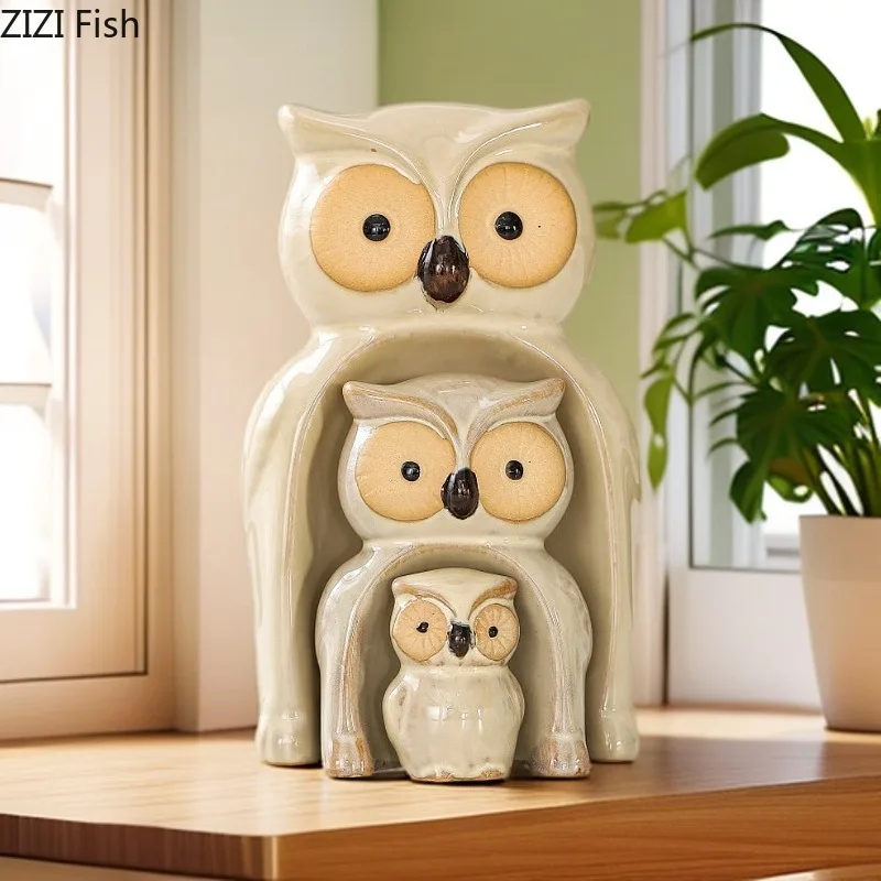 Frog Ceramic Ornament Three-piece Set Owl Sculpture Model Desktop Home Decoration Crafts Animal Statue Display Figurines