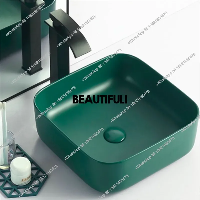 

RR Dark Green Matte Ceramic Washbasin Bathroom Sink Balcony Washbasin Kitchen Countertop Art Basin With Drainer
