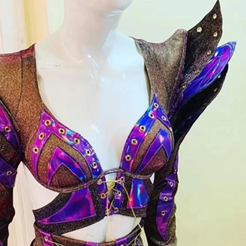 Exaggerated Stage Costume Flying Shoulder Hollow Out Bodysuit Drag Queen Costume Purple Laser Rave Gogo Dance Clothes VDB5964