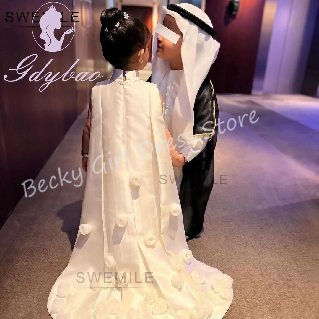 Индивидуальные платья цвета слоновой кости для девочек на свадьбу, атласное платье с высоким воротником и 3D цветами, элегантное детское платье для подружки невесты для первого причастия, выпускного вечера