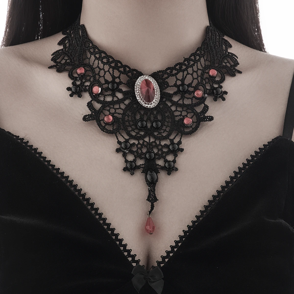 SHIXIN Gothic Hollow Out Black Lace Halloween Choker Necklace Women Vintage Water Drop Tassels Neck Chain Halloween Jewelry 2024