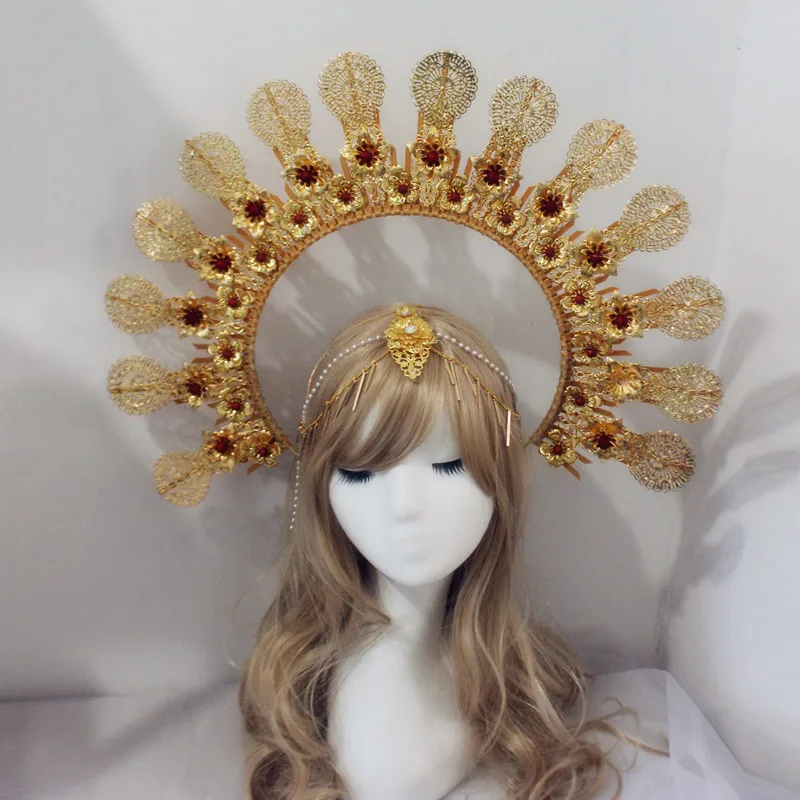 Gothic Lolita KC Halo Headpiece มงกุฎ Virgin เทพธิดาดวงอาทิตย์คอสเพลย์ Baroque Crown Headband ผู้หญิง Headdress อุปกรณ์เสริมผม