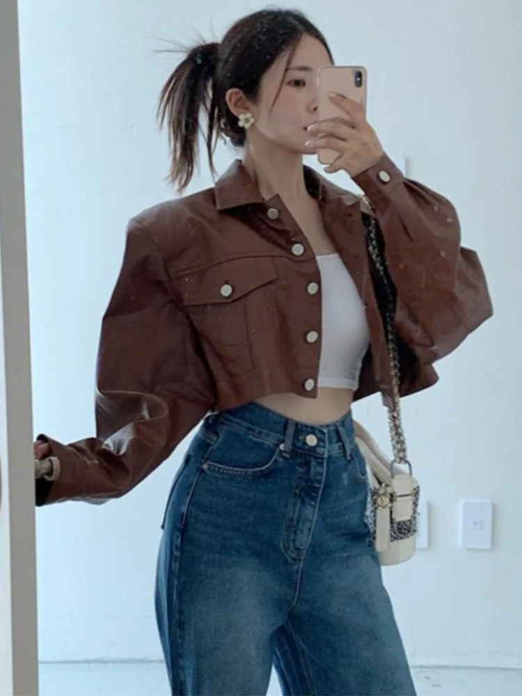 Jaet de cuero PU mate para mujer, solapa Vintage, suelto, un solo botón, versátil, doble ket Jaet Top