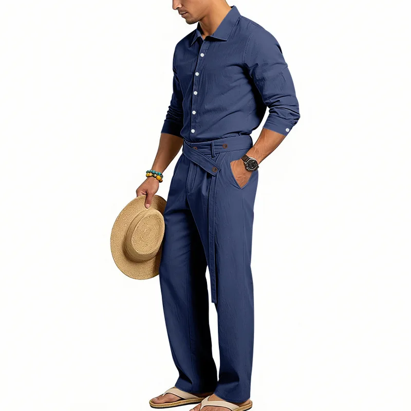 Europäisch-Amerikanisches Herren-Leinen-Freizeitset: Hemd mit Umlegekragen und Hose mit hohem Bund und Gürtel – Locker, atmungsaktiv, für Urlaub und Strand – Detail 12