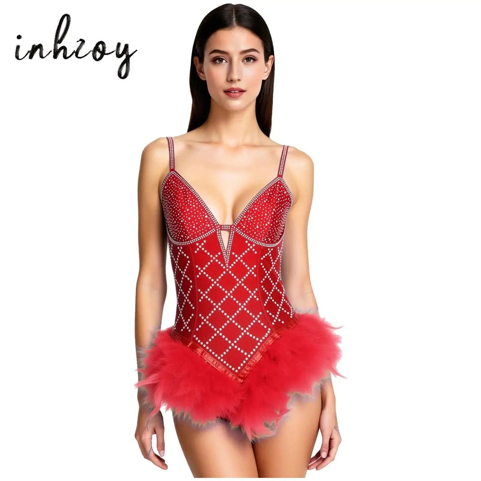 

Women's Ballet Leotard Dress Shiny Rhinestone Feather Deep V-Neck Adjustable Spaghetti Straps Strappy Bodysuit for Performance