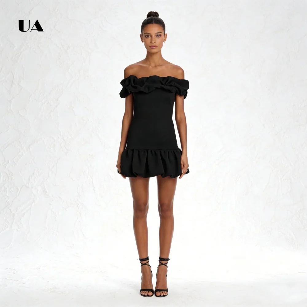 

ULBYANRY Sheath Mini Dress with Off the Shoulder, Solid Ruffled Velvet Evening Dresses for Women, Sexy Customized Party Gown