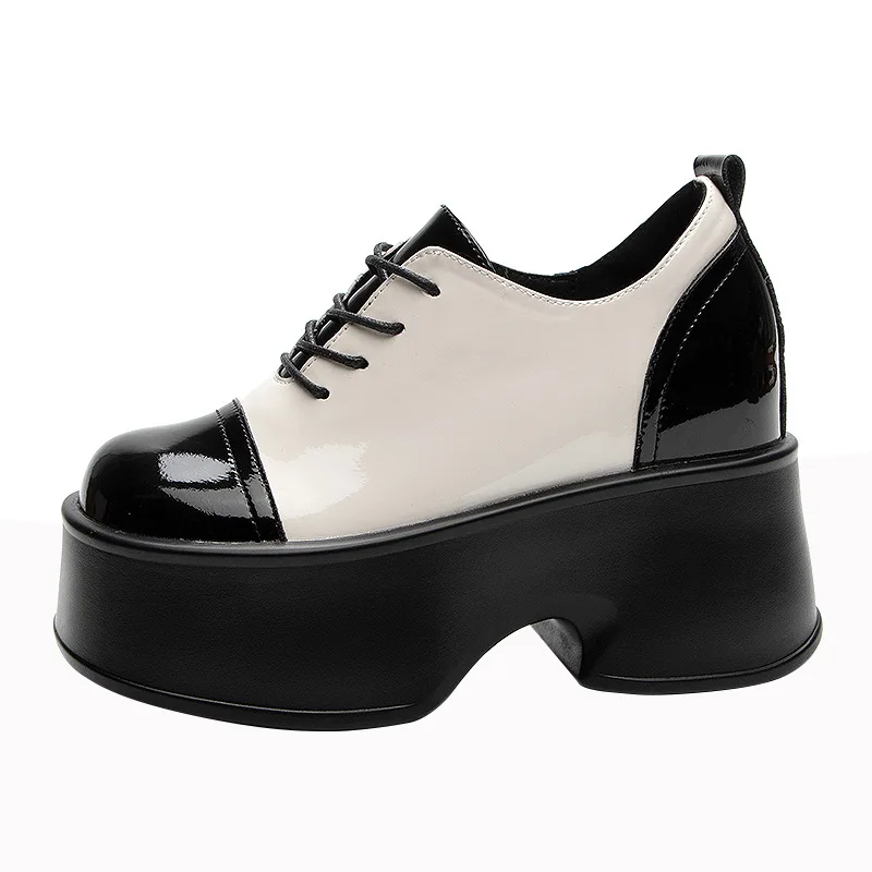 

Женские туфли-лодочки из лакированной кожи в западном стиле, разноцветные, с круглым носком, на толстой подошве, на платформе, на массивном каблуке, на шнуровке, новые туфли в стиле панк