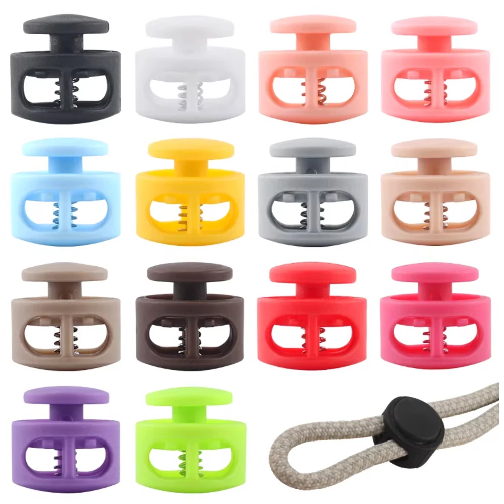 100Pcs Multi Color Plastic Ball Cord Lock Toggles 2-Hole Spring Stoppers for 3-4mm Bungee Shock Cord Elastic String End