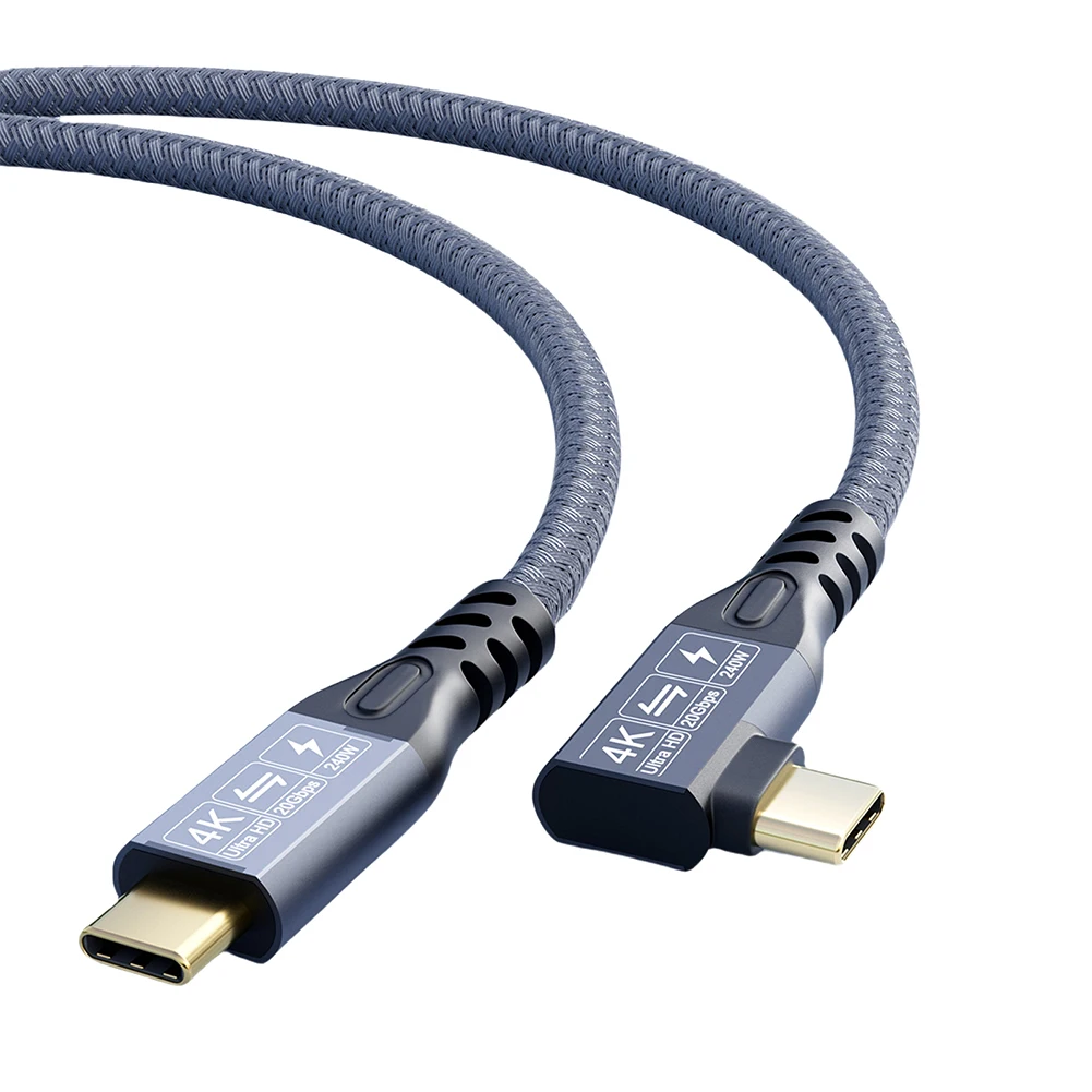 0.5/1/2/3M PD3.1 240W نوع C إلى C كابل الشاحن مضفر الزاوية اليمنى USB3.2 ذكر إلى ذكر آيفون 15 لسامسونج لماك بوك PC