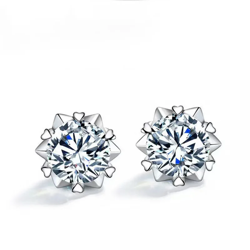 Diamond Snowflakes Stud Earrings for Women Real 925 Sterling Silver Solitaire Eternity Wedding Party Jewelry