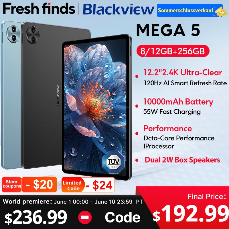  Blackview MEGA 5 AI Tablet 12.2" 2.4K 120Hz Display 12GB 256GB 10000mAh 55W Charging 4G Android 16 PC Pad ﻿ 