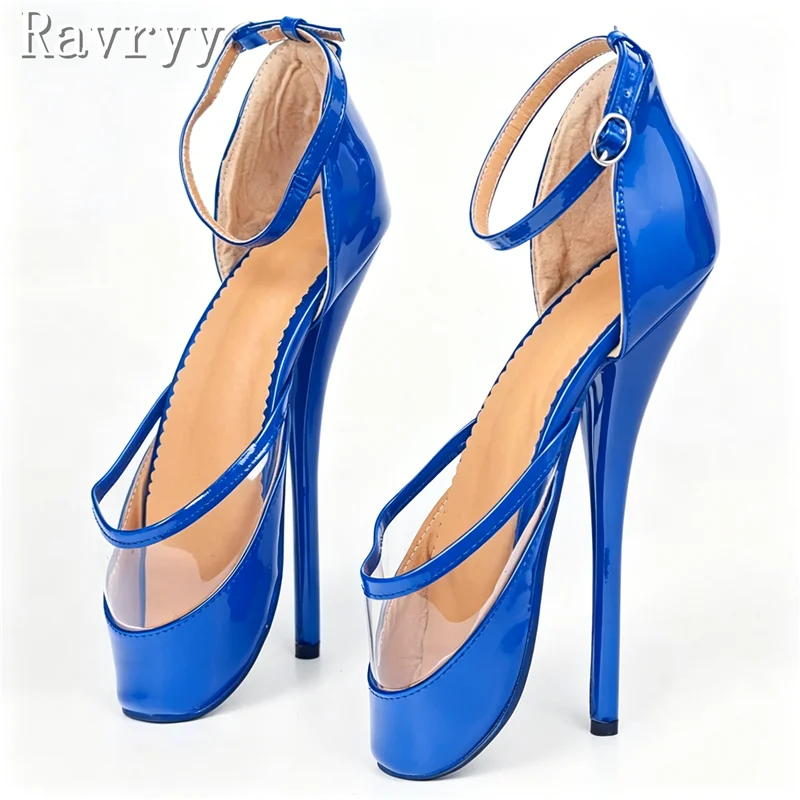 18CM Schmaler Absatz Flacher Einstieg Ballet Queen High Heels Damen Lackleder und PVC Patchwork Knöchelriemen Stiletto Pumps