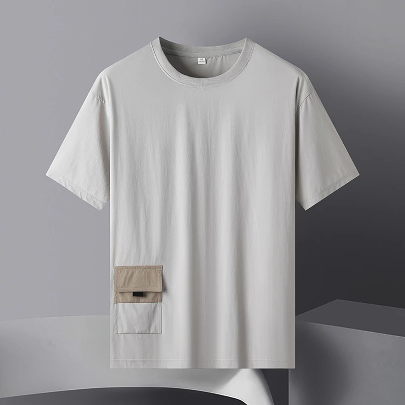 

Mens Tee Shirt Ribbed Knit Short Sleeve Round Neck Moisture Wicking Quick Dry Breathable with Pocket Casual Travel Top Easy Care