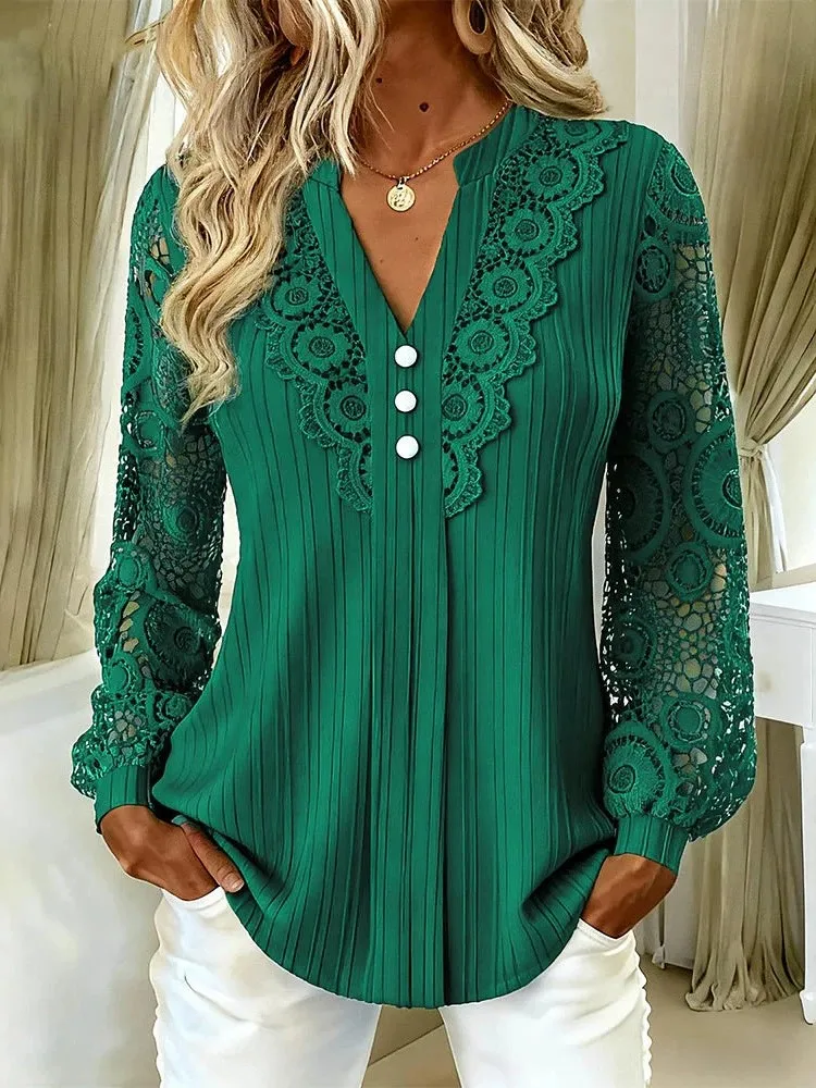 Women Lace Long Sleeve Blouse V‑Neck Hollow Out Shirt Button Decor Pleated Casual Office Ladies Tops White Autumn Fashion Casual