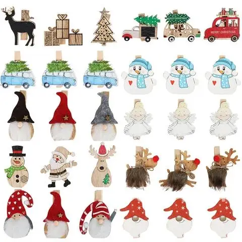 6pcs/lot Christmas Wooden Clips Santa Snowman Deer Shape Christmas Party Photo Clips Clothespins New Year Decoration Photo Pegs