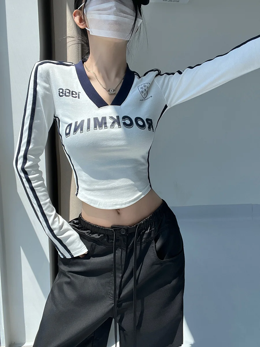 

MianCun Retro American Color Block Letter Long Sleeve T-Shirt Women's Slim Short Sporty College Style Spicy Girl Top