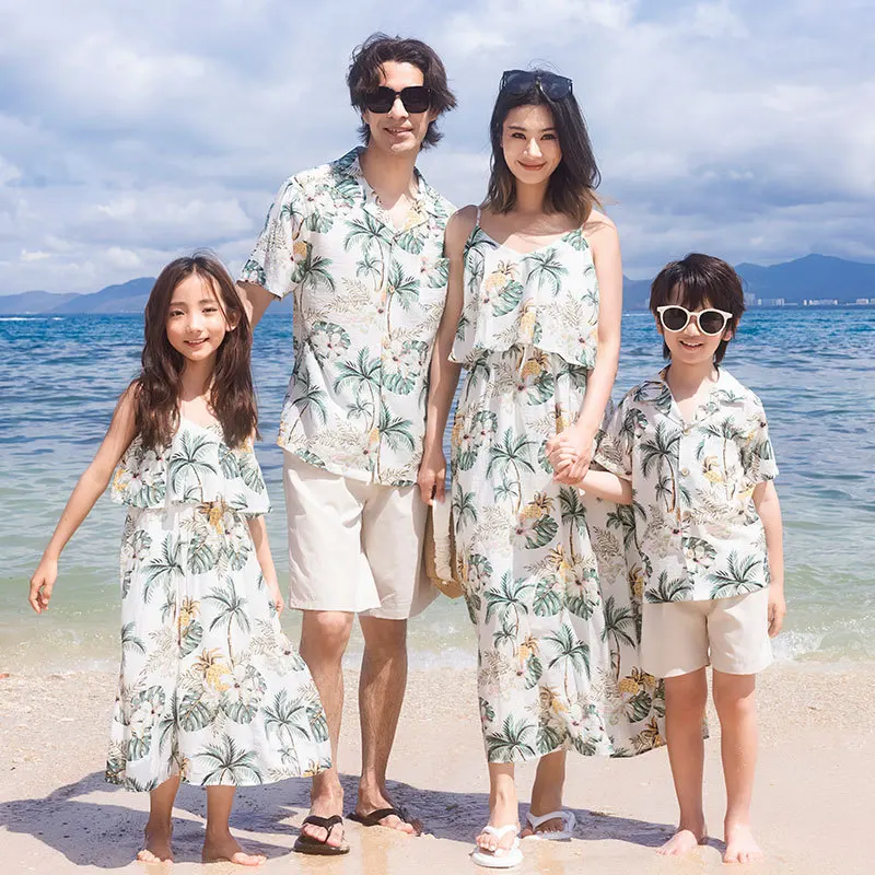 2026 Summer Boho Family Matching Outfits Tropical Palm Print Dress & Shirt Set for Mom Dad Kids Beach Vacation Photoshoot