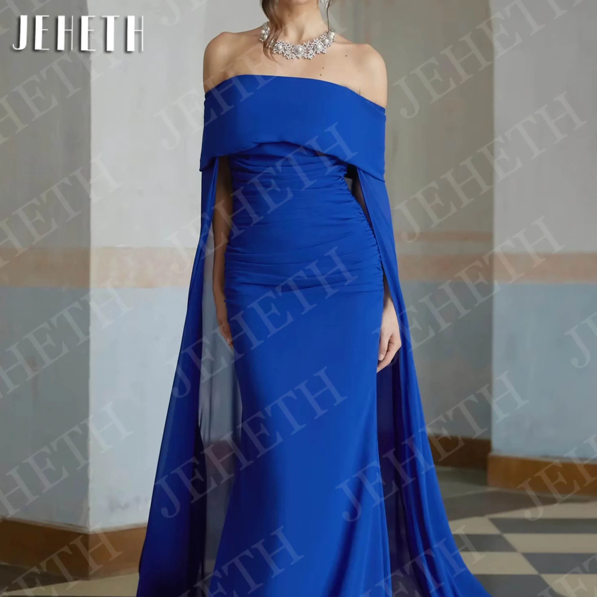فساتين سهرة جميلة بحورية البحر من JEHETH عصرية مكشوفة الكتف من الشيفون الأزرق الملكي للحفلات الرسمية مخصصة من Fساتين سهره حورة البحر جميلة فساتين المساء الحديثة خارج الكتف الملكي الأزرق الشيفون رسمي فستان الحزب مخصصة