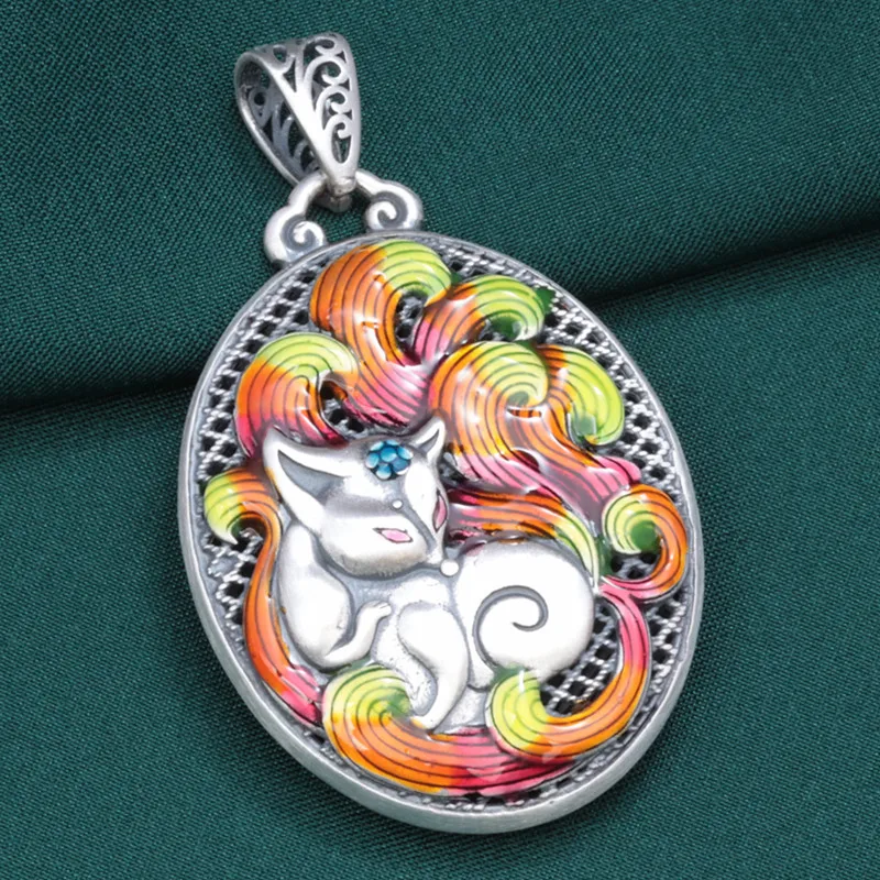 925 sterling silver drop gum drop oil craft nine-tailed fox with round pendant