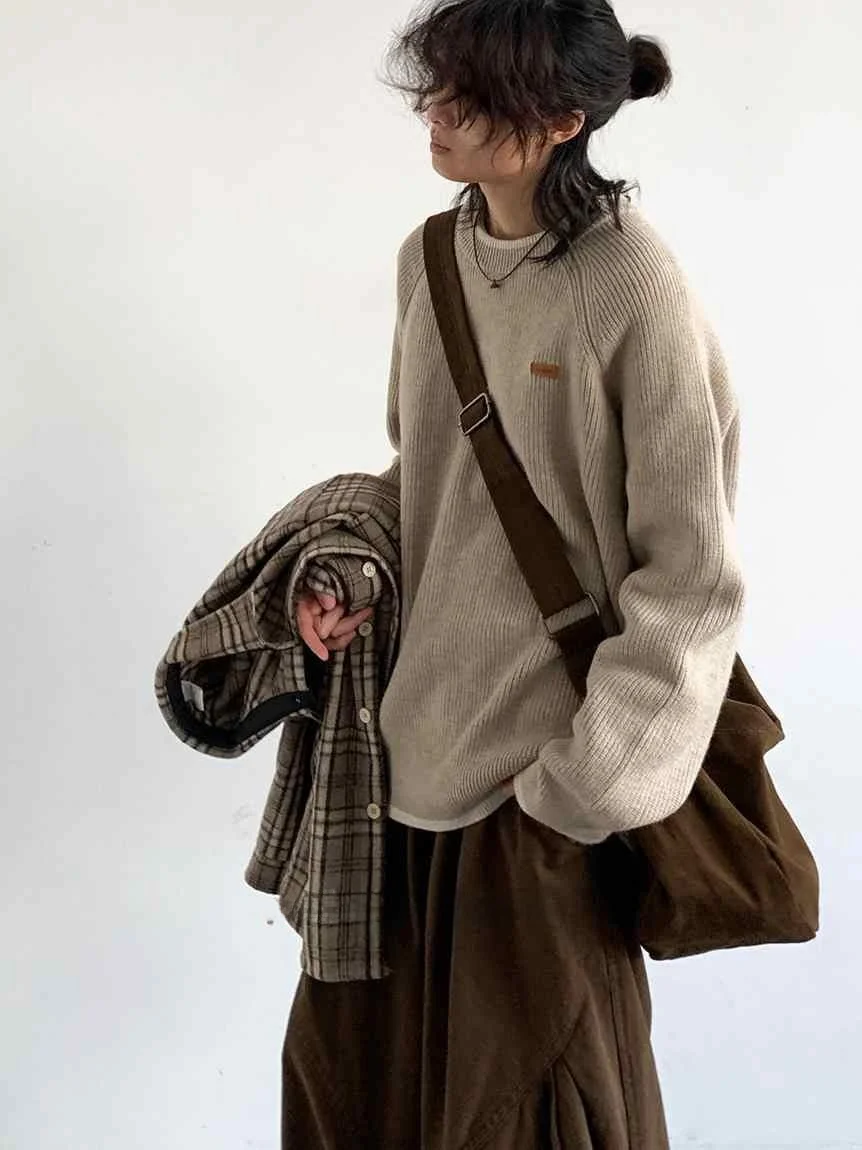 

Loose Fit round Ne Knitwear ex Autumn Winter Vintage Japanese Sle Sweater Coat Youth Casual Long Sve Color