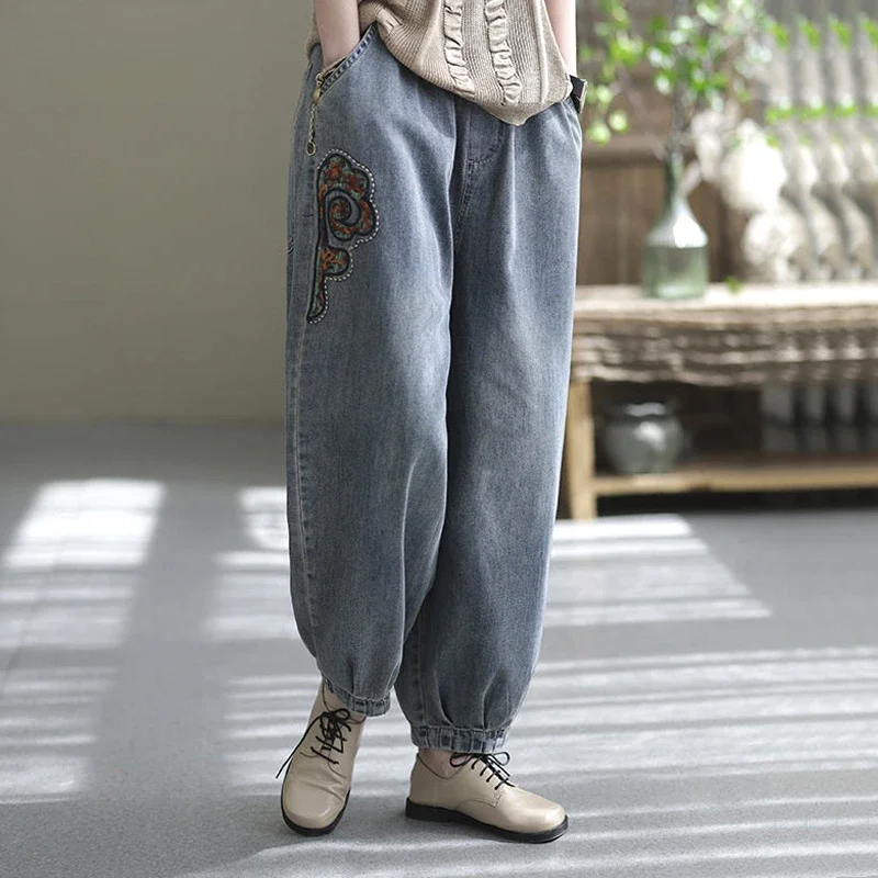 

Loose Vintage Fashionable Korean High Waist Solid Color Embroidery Handsome Women's Clothing Thin Spring Summer Pockets K245