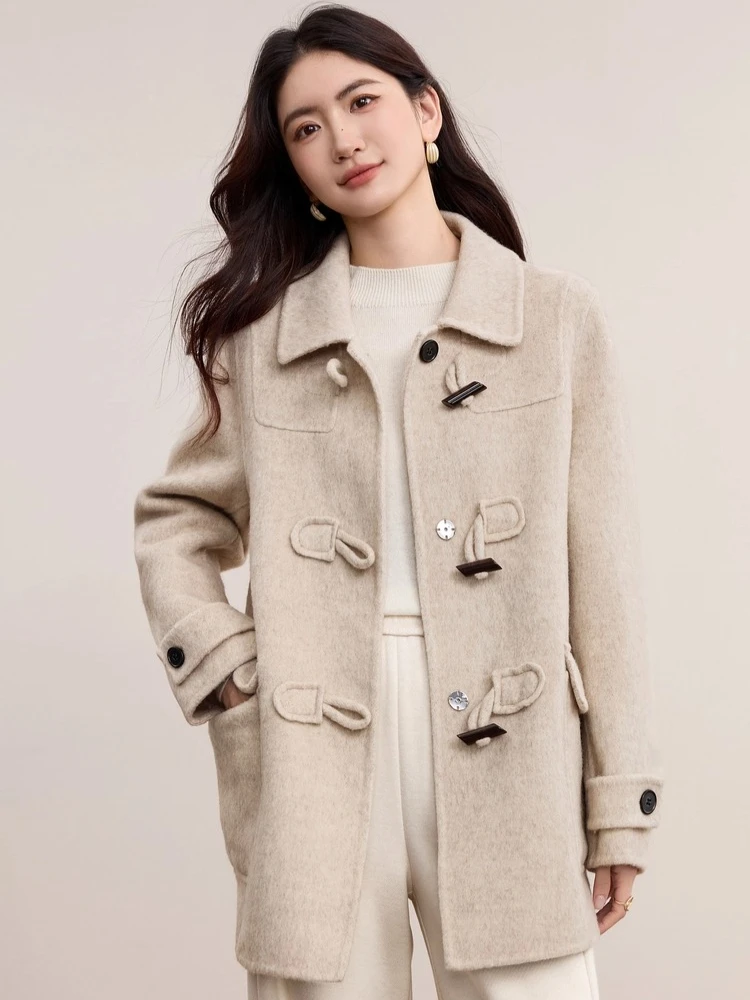 

SENTUBILA женское двустороннее шерстяное пальто 202, зимняя куртка в студенческом стиле, теплая толстая куртка на пуговицах с рогом W54OC2675