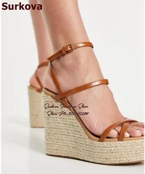 Surkova-Sandalias de plataforma con alpargata de cuerda, zapatos de vestir trenzados con tacón de cuña, elegantes, color Marrón mate, con correa y hebilla, talla 46
