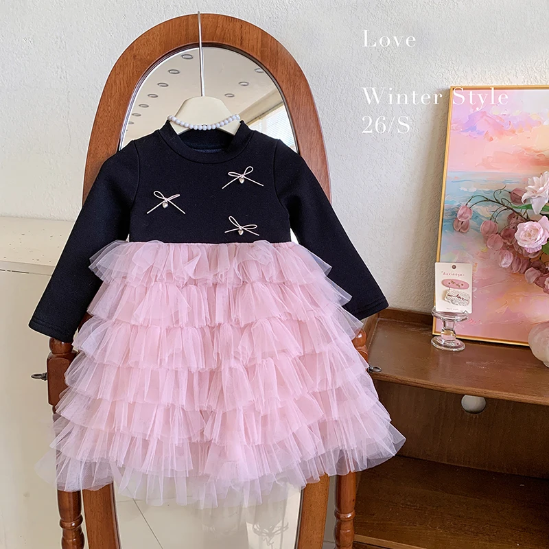 Autumn Winter New 2 3 4 5 6 8 10 12 Years Children Warm Patchwork Crew Neck Bowtie Guaze Dress Plus Velvet For Baby Kids Girls
