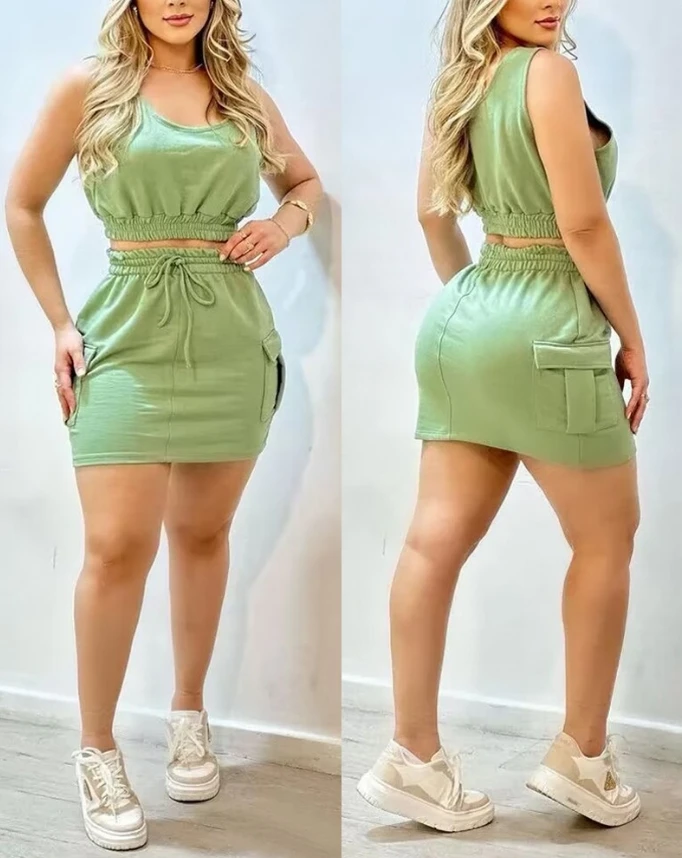 Women Fashion Suits 2024 Spring/summer Latest Casual Solid Urban U-Neck Thick Strap Tied Detail Tank Top&pocket Design Skirt Set