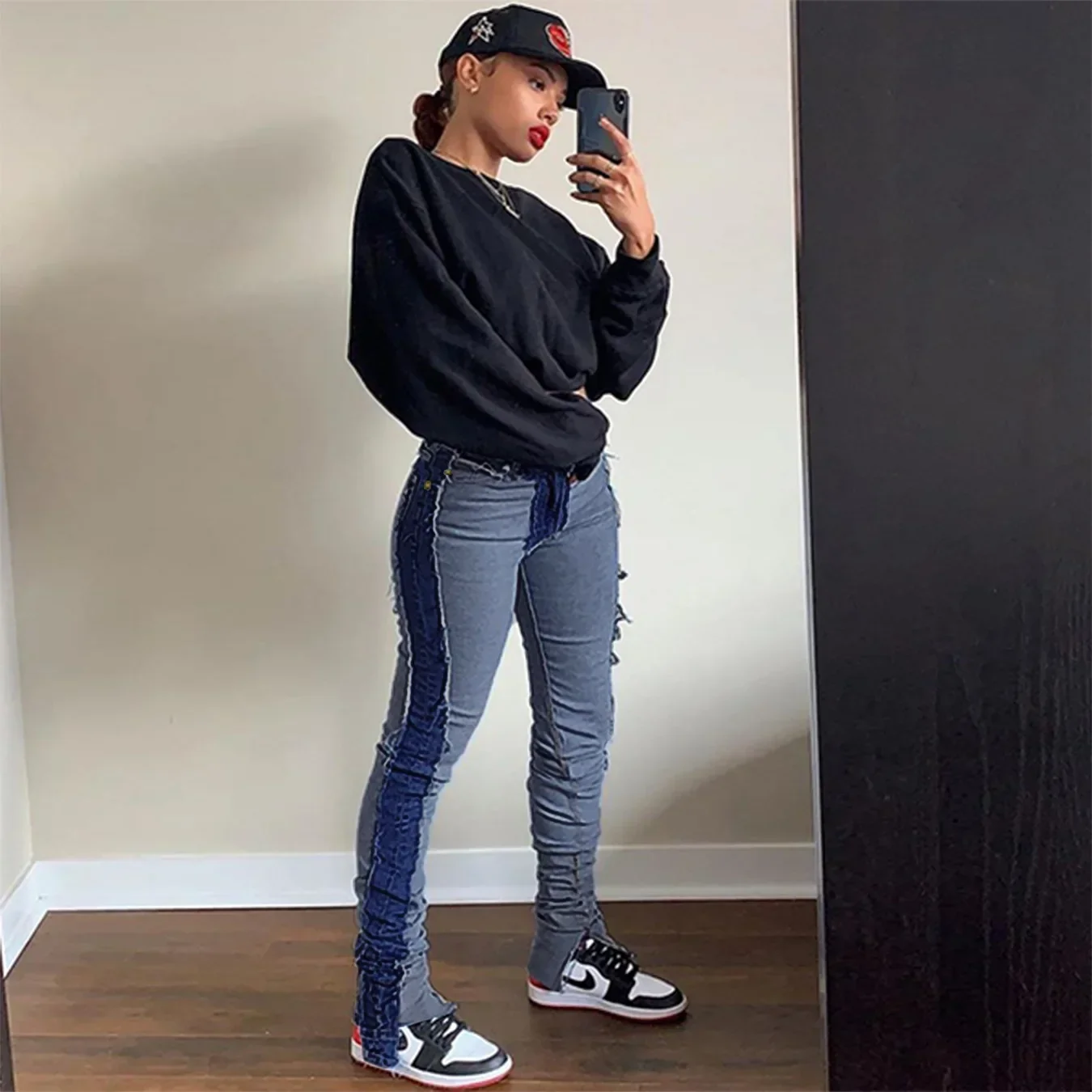 2024 Autumn Trendy High Quality Women Pencil Long Pants Patchwork Distressed Stacked Jeans Color Matching Trousers for Ladies