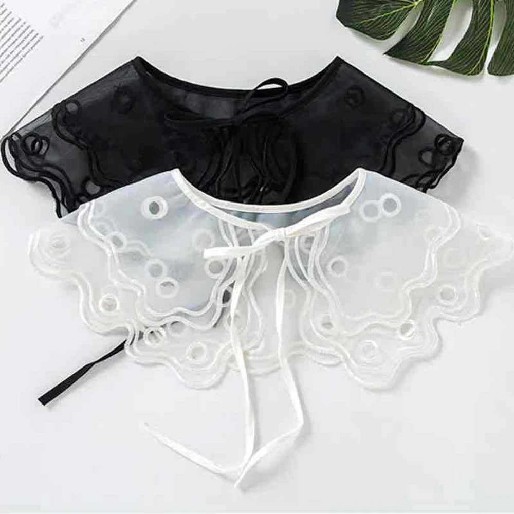 New Double Chiffon Lace Fake Collar Office Ladies Embroidery Decorative Black White Blouse False Collar Women Shawl Bowtie