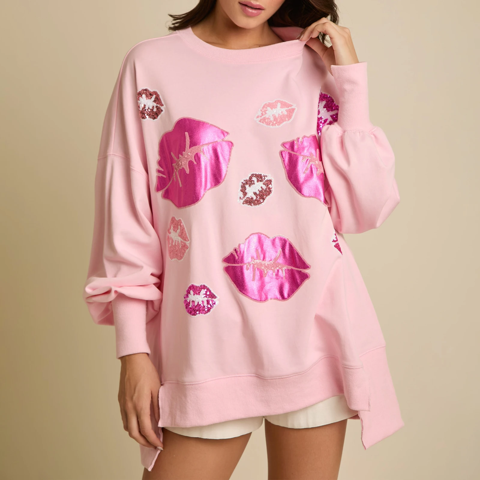 Women Trendy Loose Sweatshirts Sequin Lip Print Side Split Cute Long Sleeve Pullovers Casual Spring Fall Tops Streetwear