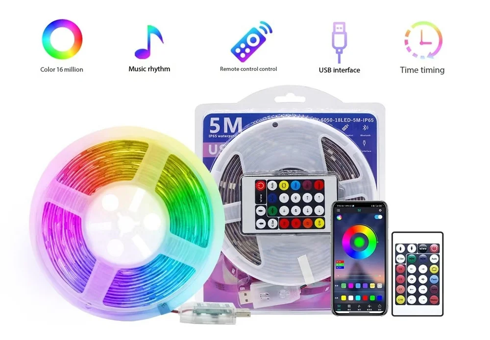 USB Colorful Light with 24 Key Bluetooth Music Smart Home TV Background TV Atmosphere Light Chasing Light Flowing LED