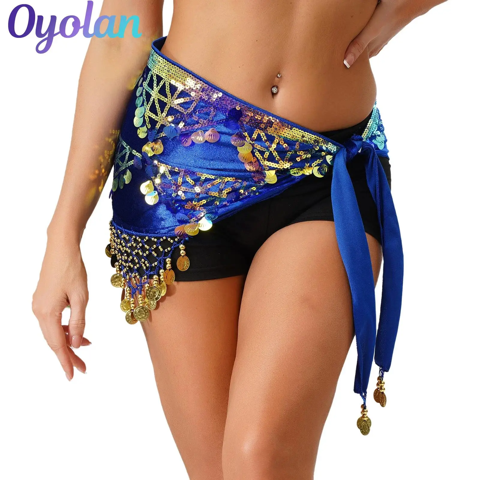 

Womens Indian Belly Dance Costume Shiny Sequin Tassel Triangle Hip Scarf Sound-making Fringe Wrap Skirt Waist Chain Dancewear