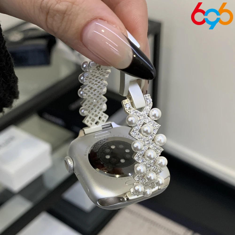 Роскошный ремешок с жемчугом и бриллиантами для IWatch Ultra 10 9 8 7 6 5 4 Женский ремешок с жемчужным браслетом для часов 38 40 мм 41 мм 42 мм 45 мм 46 мм 49 мм