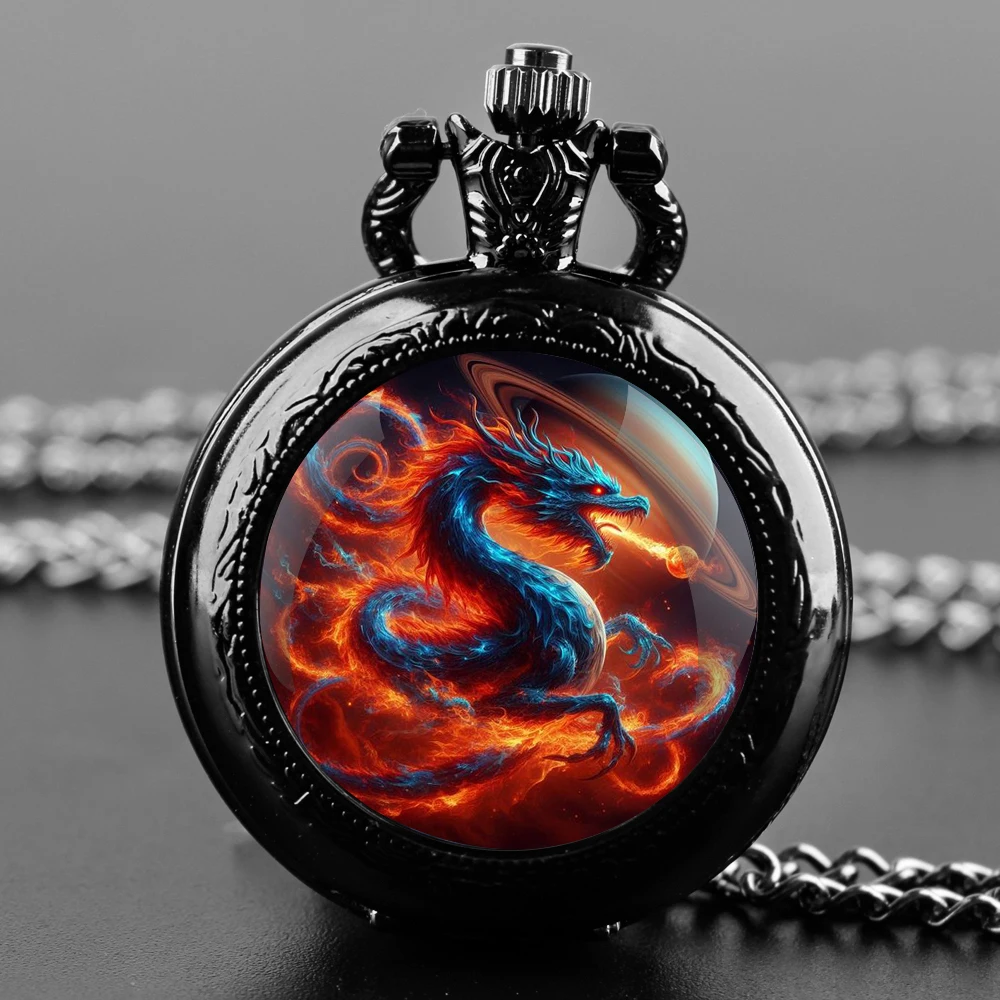 

Fire Dragon Glass Dome Quartz Pocket Watch With Durable Chain Arabic Numeral Dial Extraordinary Gifts for Men Kids