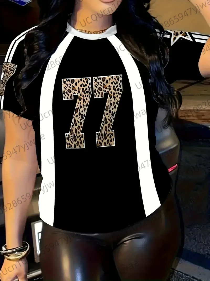 

Women's Sports Jersey NO.77 Leopard Print Short Sleeve T-Shirt Summer Graphic Tee Baseball Jerseys Plus Size Men's Sport T-Shirt