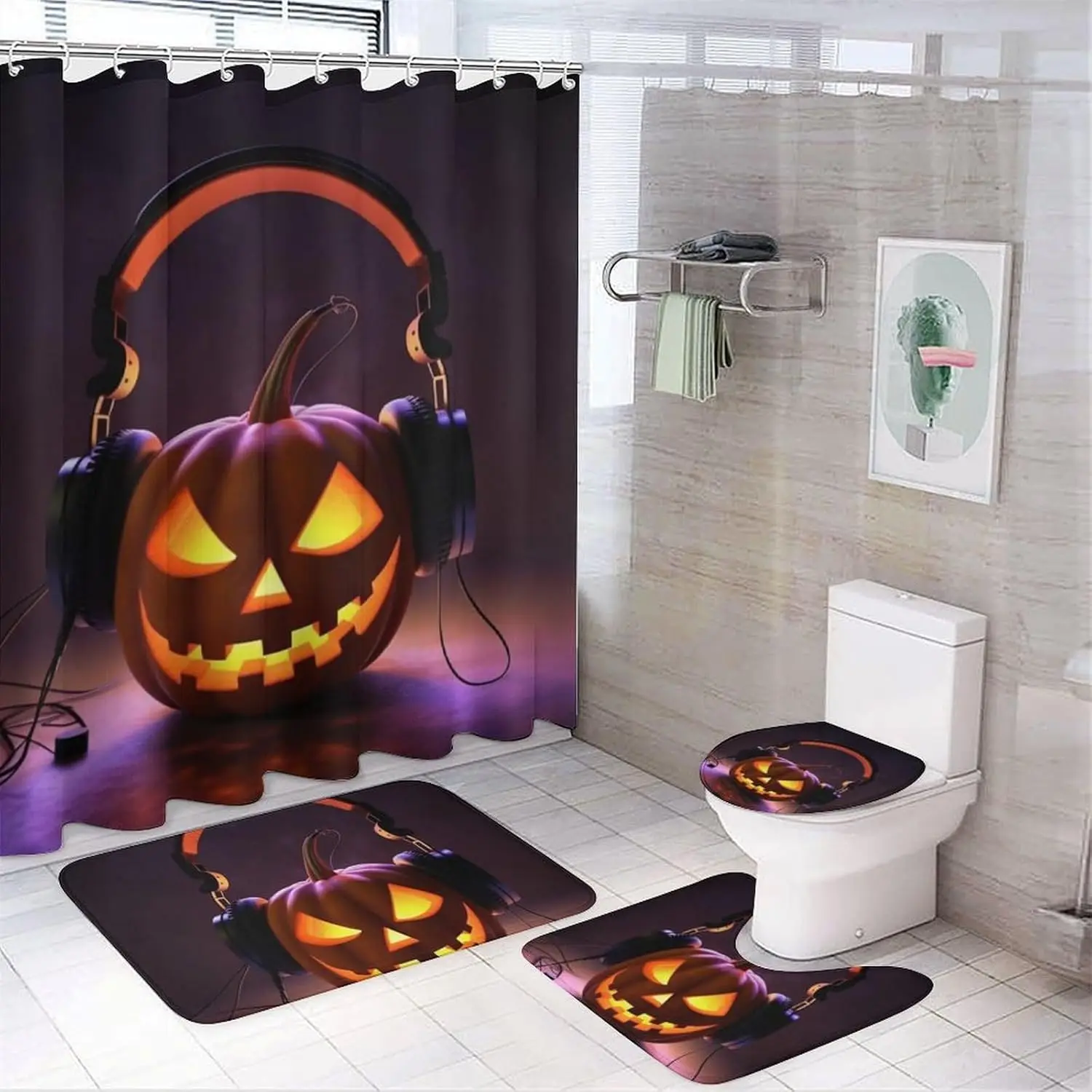 

4 Piece Shower Curtain Set with Rugs Toilet Lid Cover Bath Mat Halloween Pumpkin with Headphones Bath Curtain Waterproof